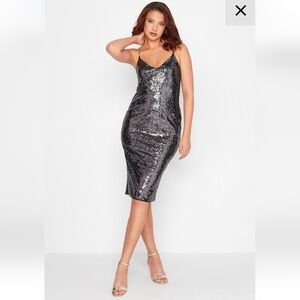 Long Tall Sally gray-purple sequin gold chain strap shift dress